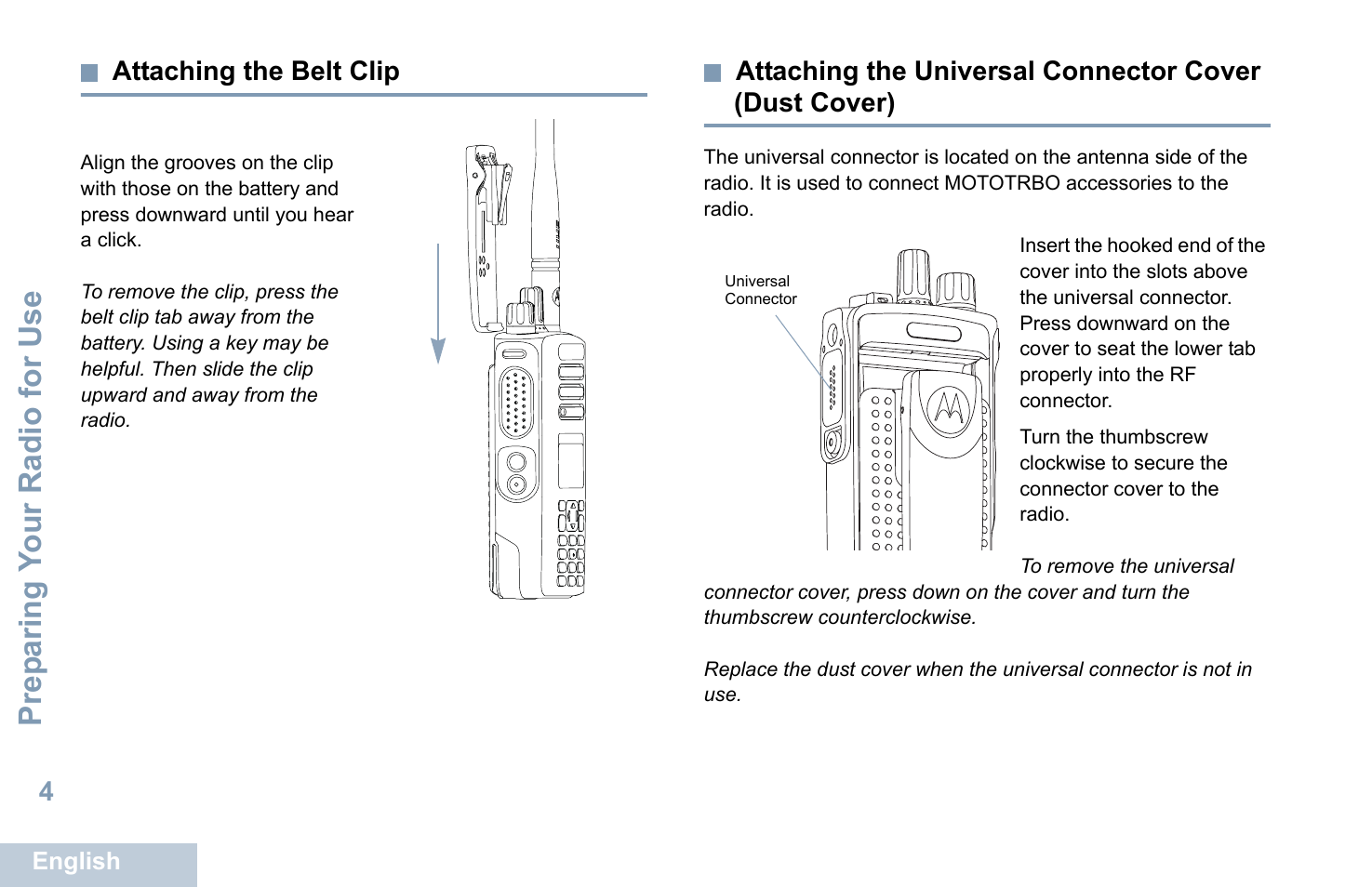 Attaching the belt clip, Prep aring y o ur radio for use | Motorola XPR 7550 User Manual | Page 16 / 120