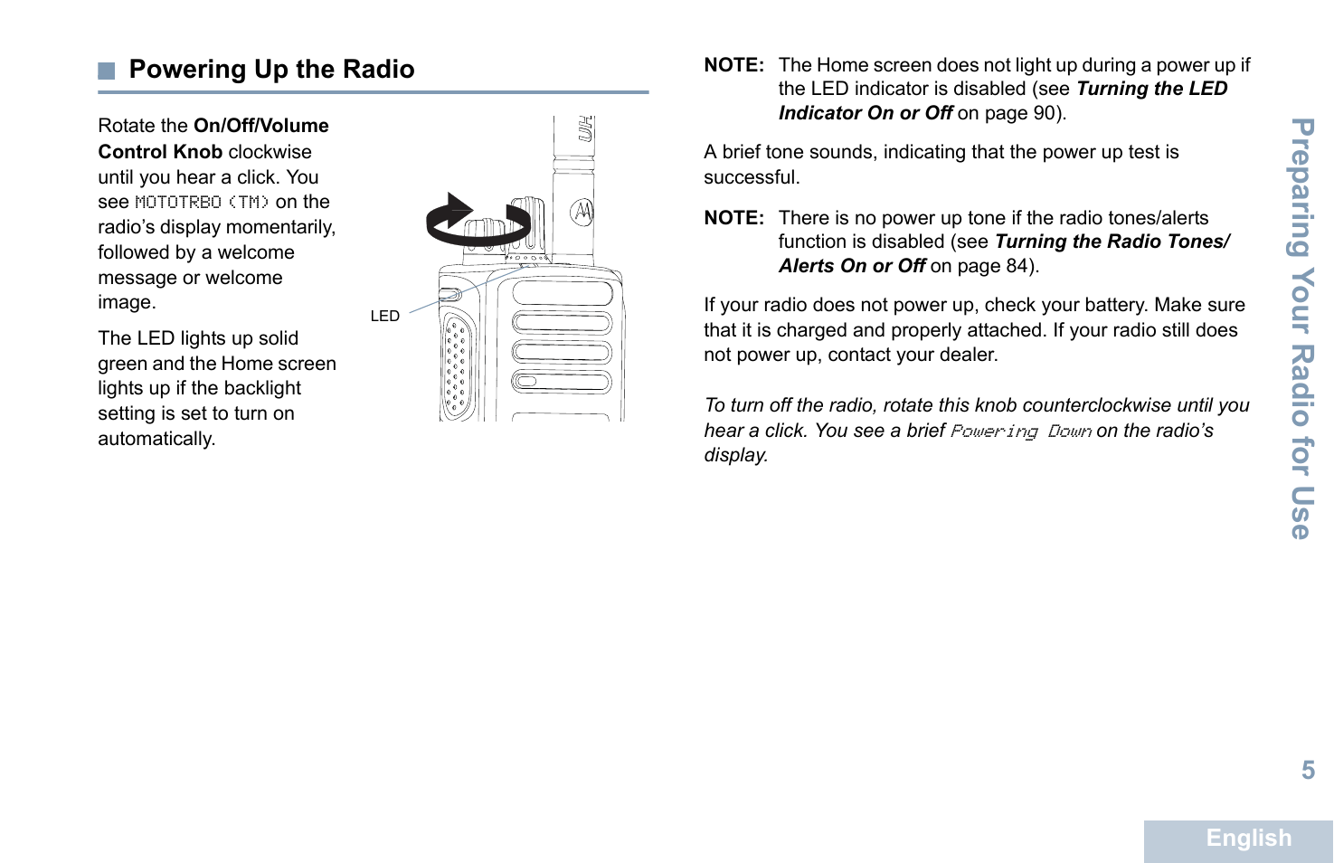 Powering up the radio, Prep aring y o ur radio for use | Motorola XPR 7550 User Manual | Page 17 / 120