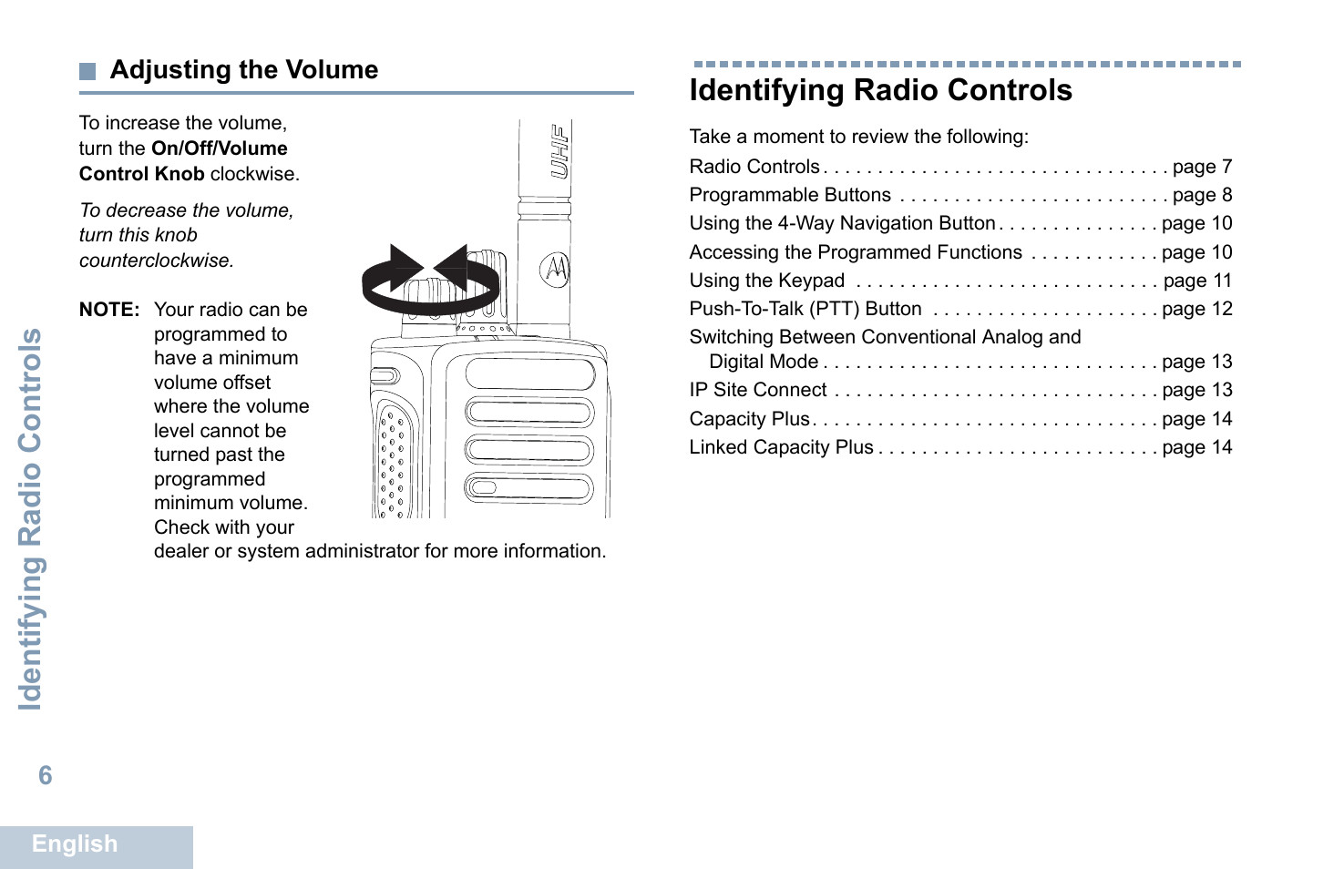 Adjusting the volume, Identifying radio controls | Motorola XPR 7550 User Manual | Page 18 / 120