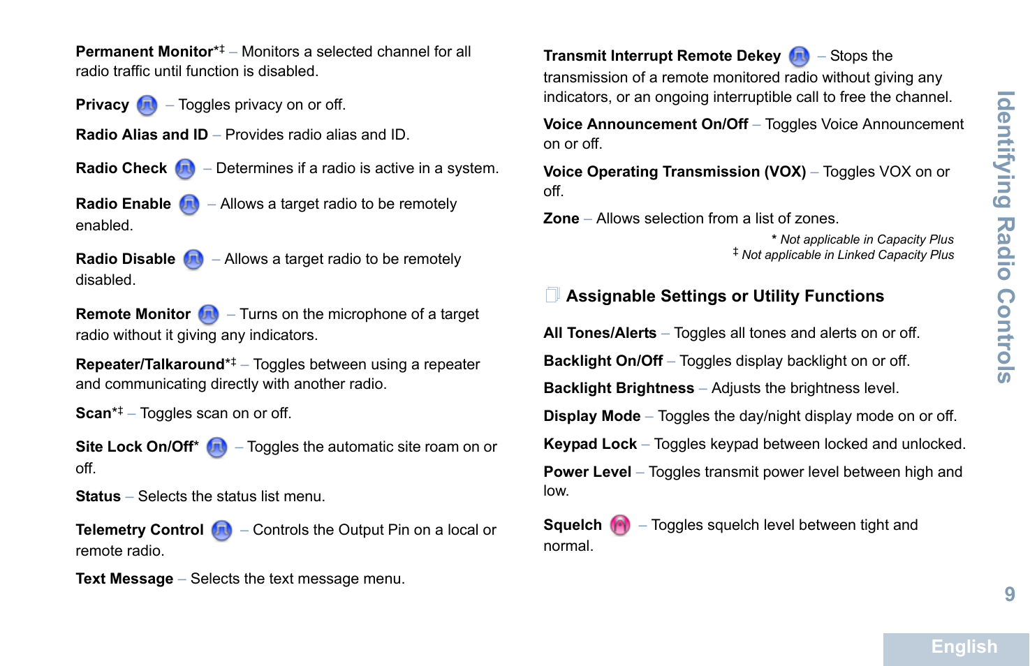 Assignable settings or utility functions, Identifying radio controls | Motorola XPR 7550 User Manual | Page 21 / 120