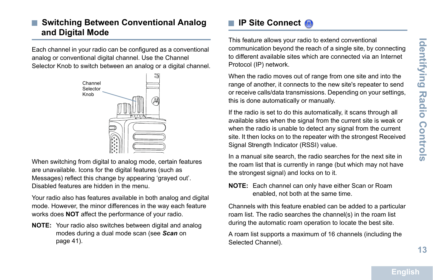 Ip site connect, Switching between conventional analog and digital, Mode | Identifying radio controls, 13 switching between conventional analog, And digital mode | Motorola XPR 7550 User Manual | Page 25 / 120