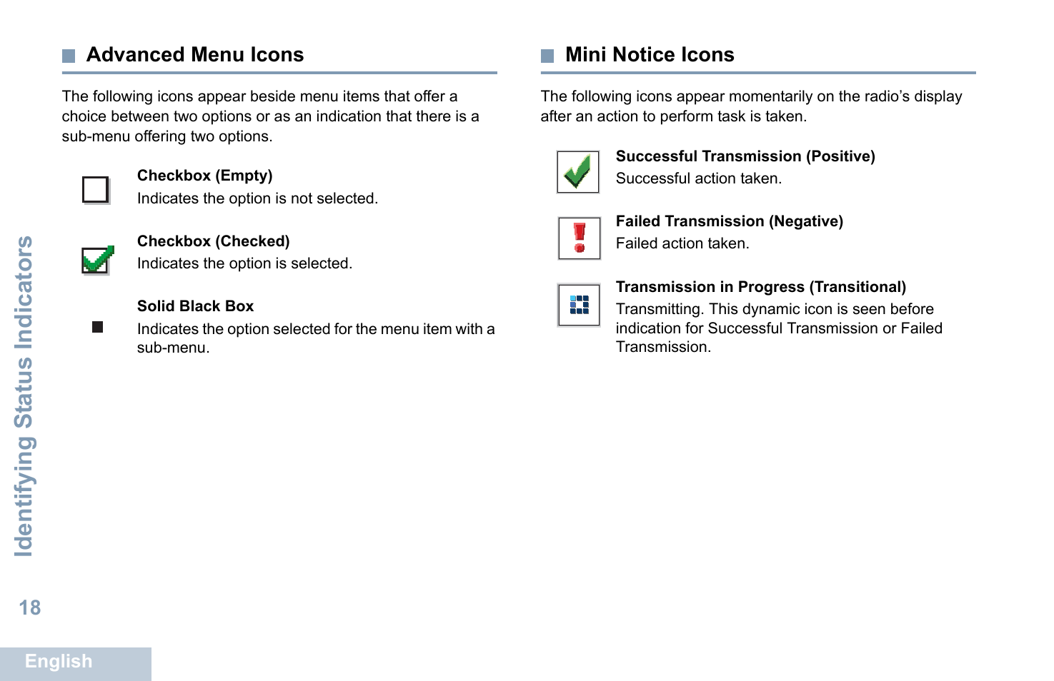 Advanced menu icons, Mini notice icons, Advanced menu icons mini notice icons | Identifying s tatus indicators | Motorola XPR 7550 User Manual | Page 30 / 120