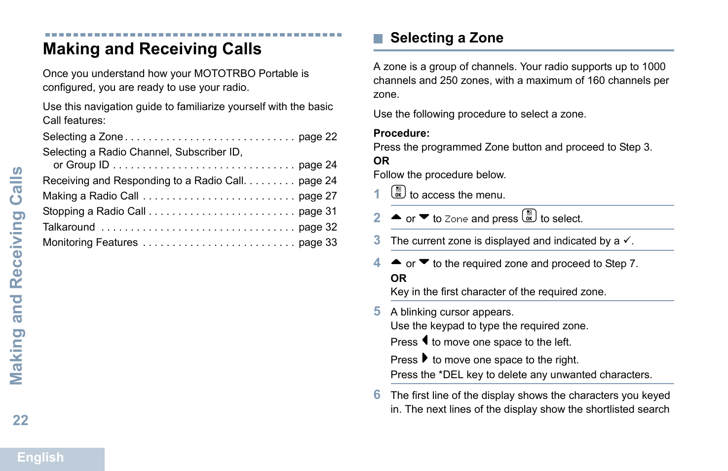 Making and receiving calls, Selecting a zone | Motorola XPR 7550 User Manual | Page 34 / 120