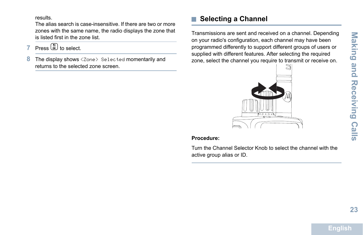Selecting a channel, Making and r eceiving calls | Motorola XPR 7550 User Manual | Page 35 / 120