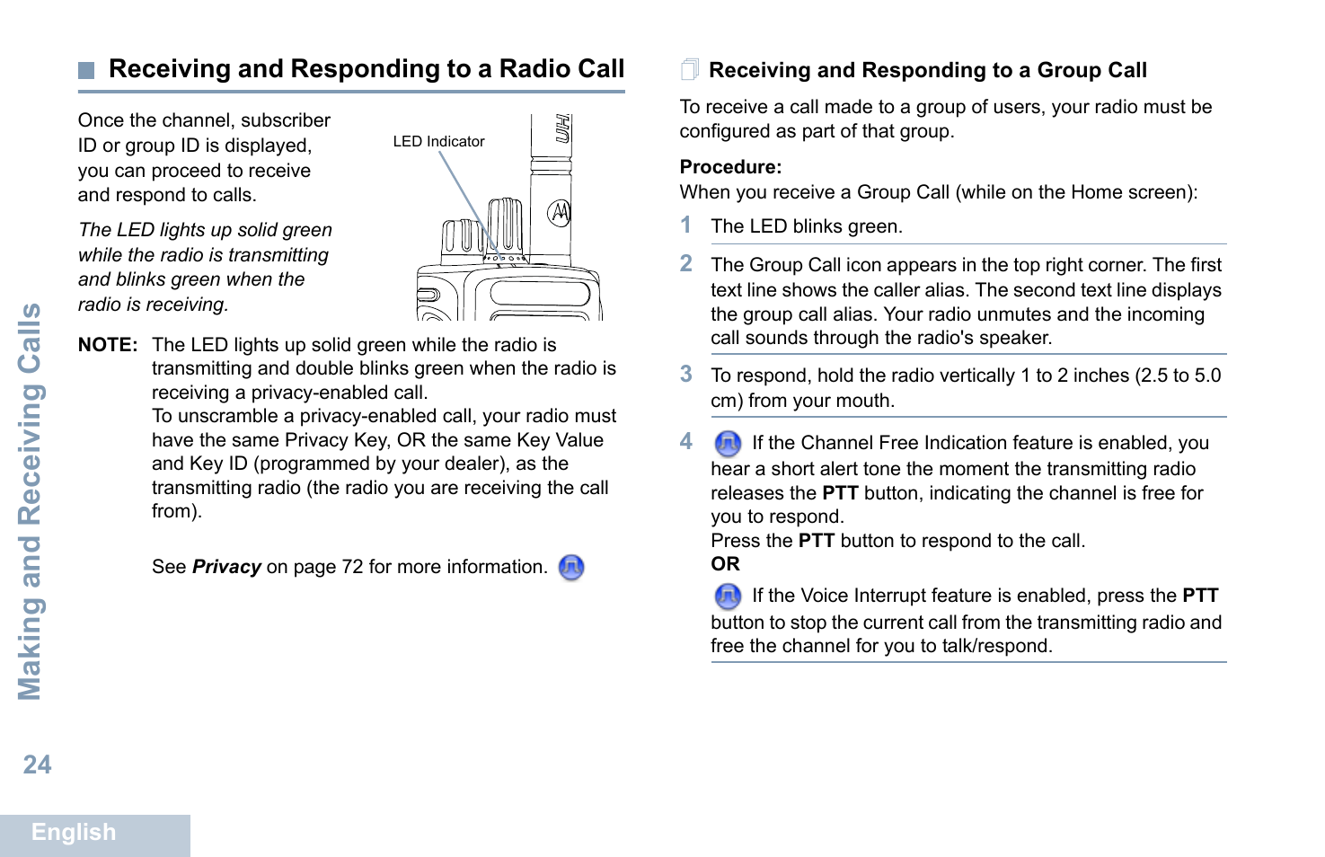 Receiving and responding to a radio call, Receiving and responding to a group call, Making and receiving calls | 24 receiving and responding to a radio call | Motorola XPR 7550 User Manual | Page 36 / 120