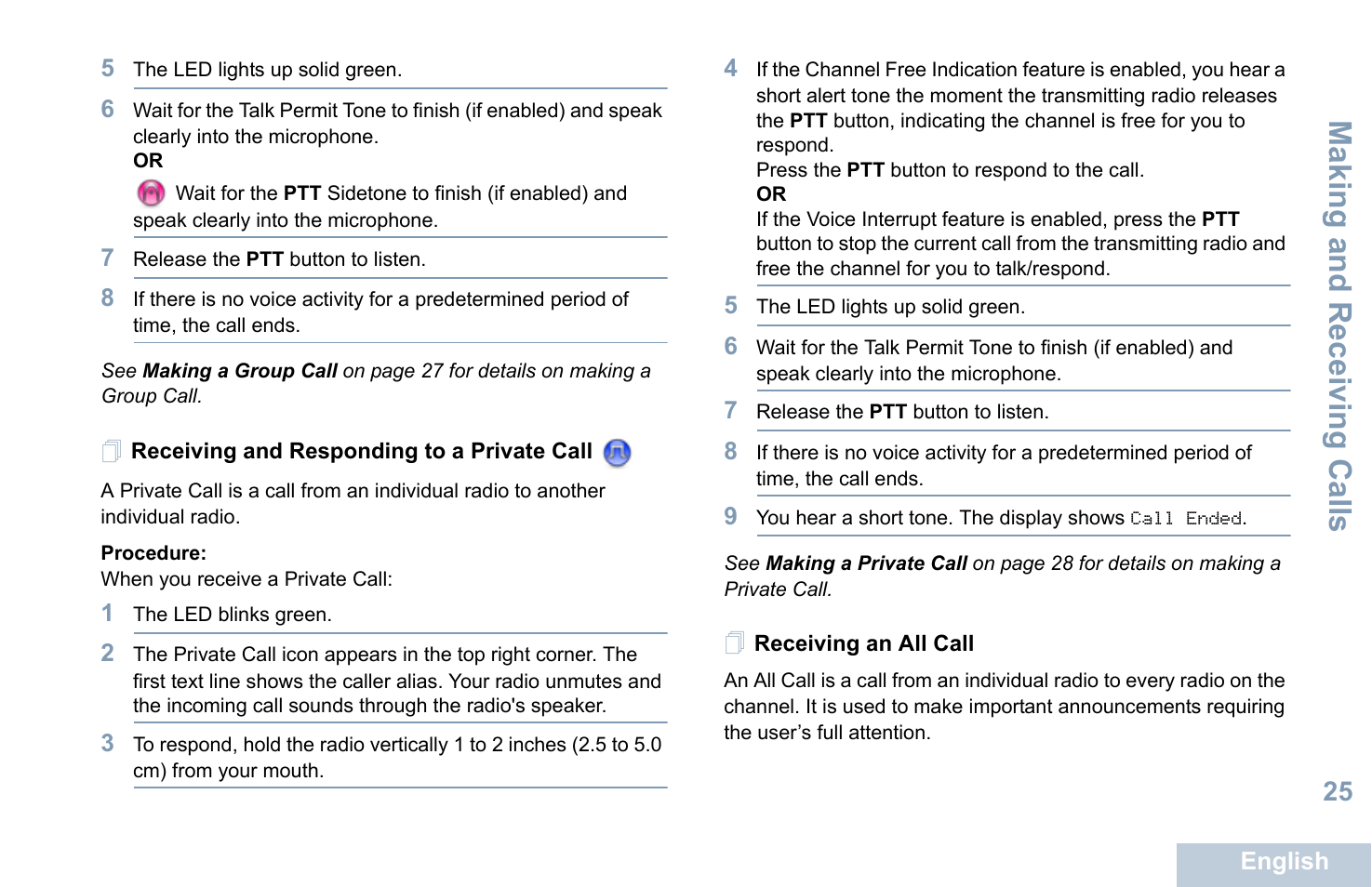 Receiving and responding to a private call, Receiving an all call, Making and r eceiving calls | Motorola XPR 7550 User Manual | Page 37 / 120
