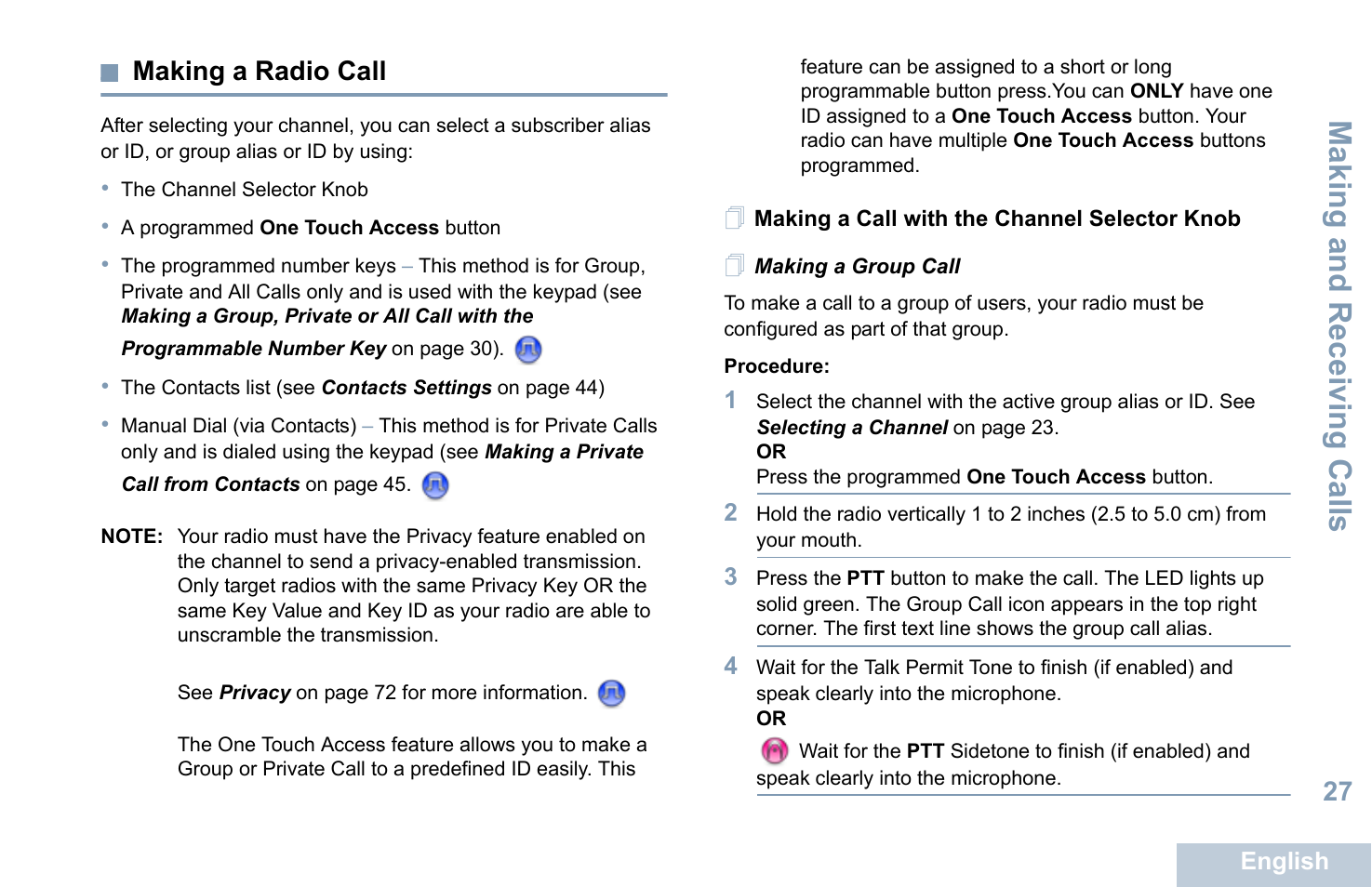Making a radio call, Making a call with the channel selector knob, Making a group call | Making and r eceiving calls, 27 making a radio call | Motorola XPR 7550 User Manual | Page 39 / 120