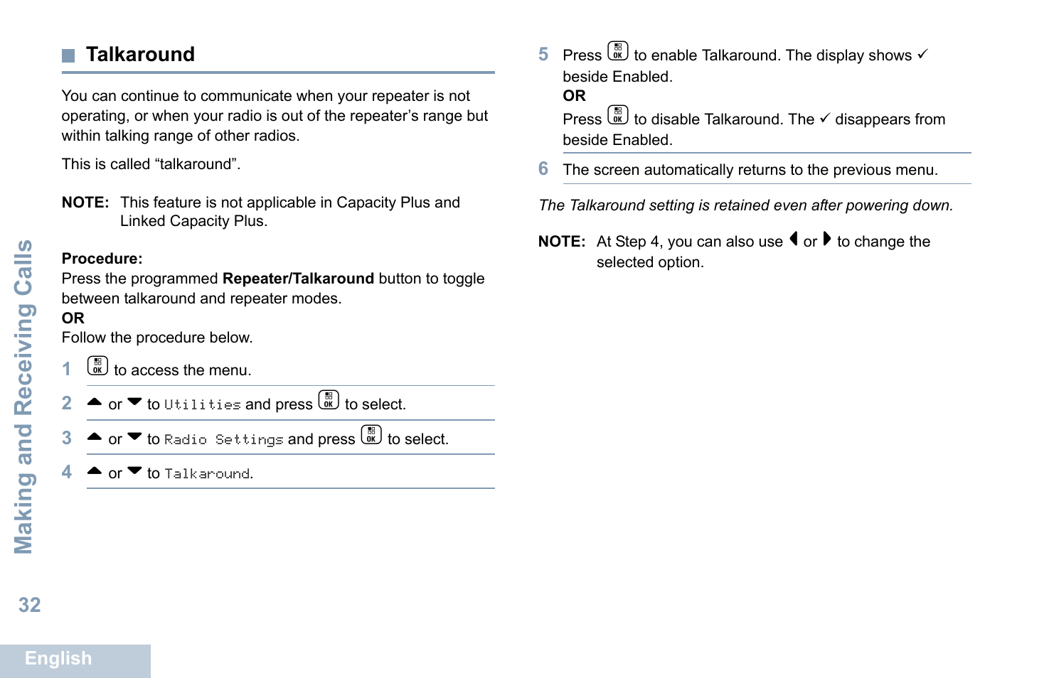 Talkaround, Making and receiving calls | Motorola XPR 7550 User Manual | Page 44 / 120