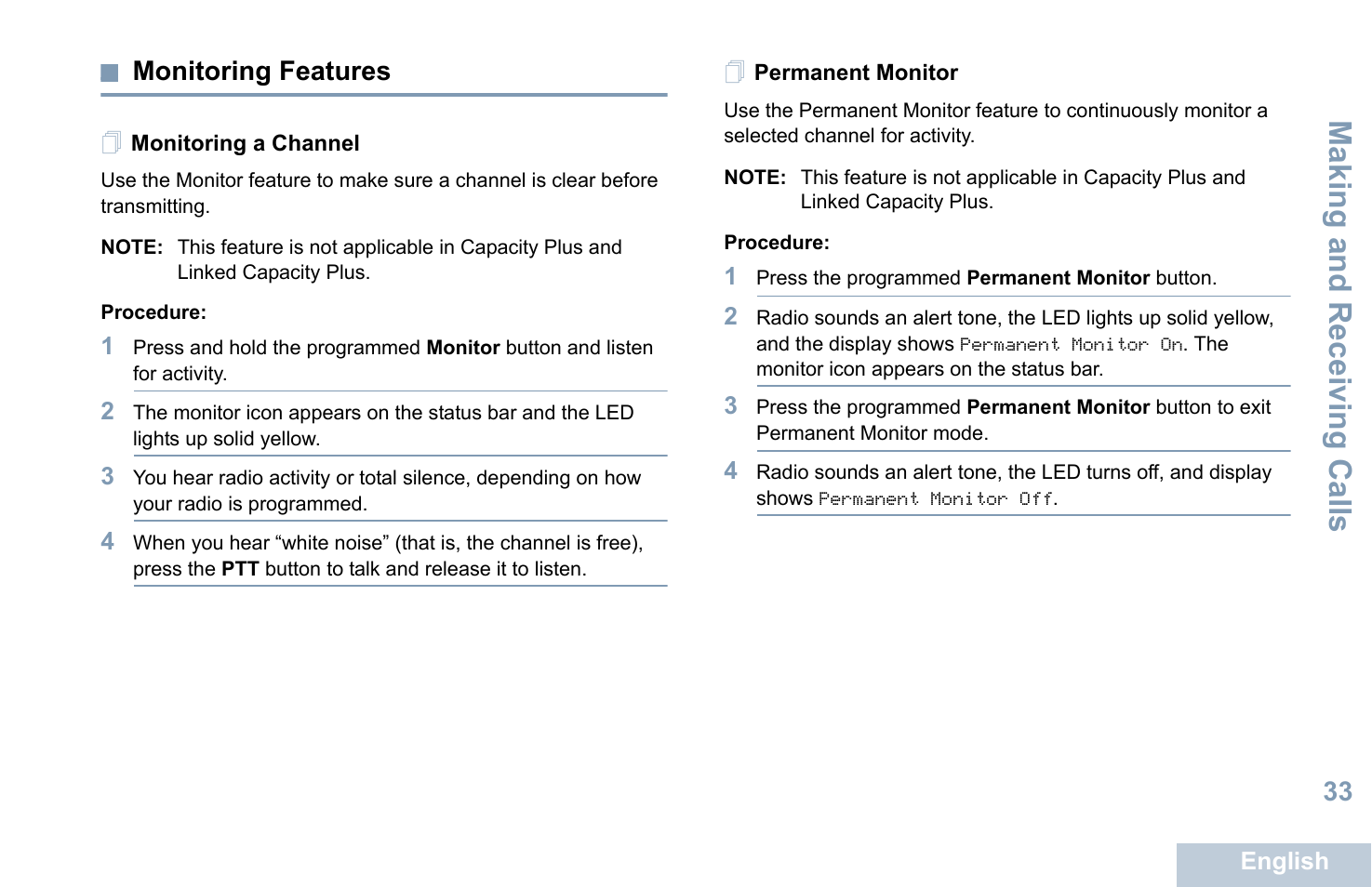 Monitoring features, Monitoring a channel, Permanent monitor | Monitoring a channel permanent monitor, Making and r eceiving calls | Motorola XPR 7550 User Manual | Page 45 / 120