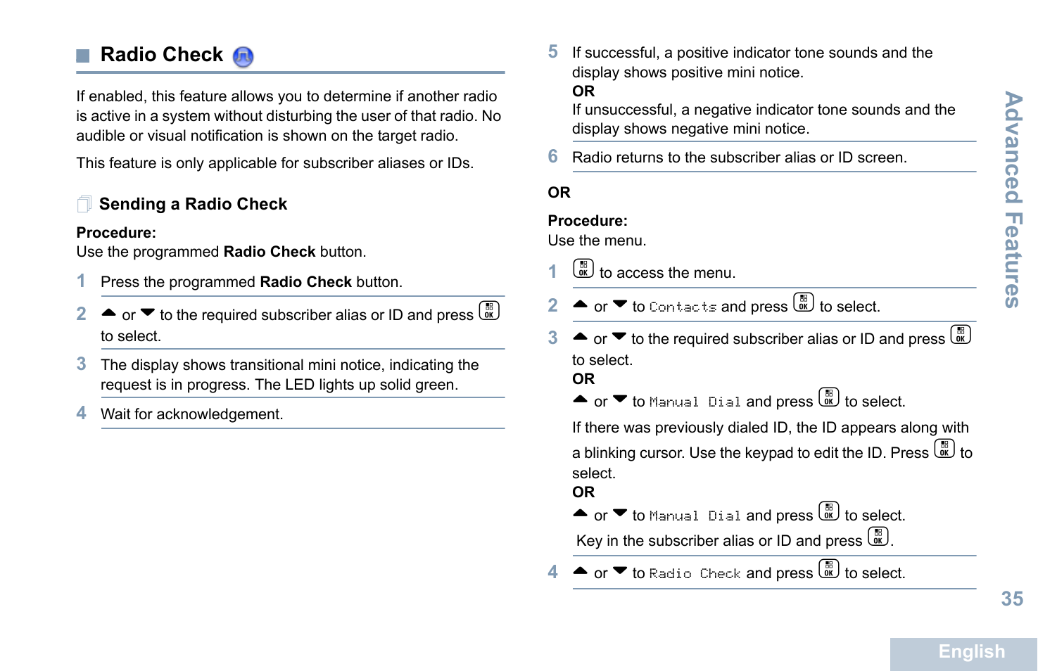 Radio check, Sending a radio check, Advanced features | Motorola XPR 7550 User Manual | Page 47 / 120