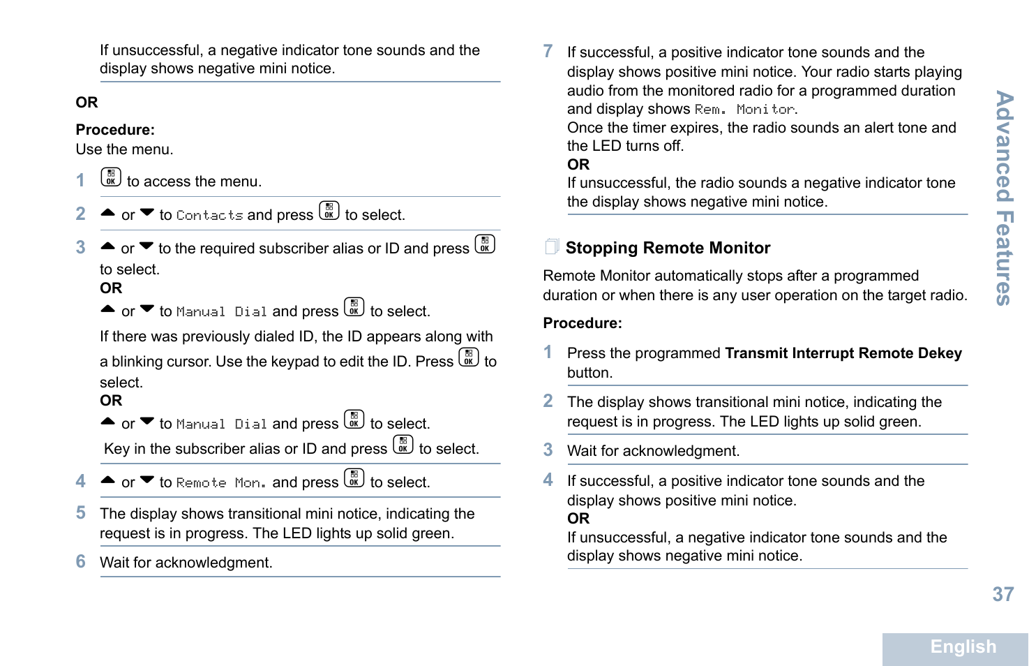 Stopping remote monitor, Advanced features | Motorola XPR 7550 User Manual | Page 49 / 120