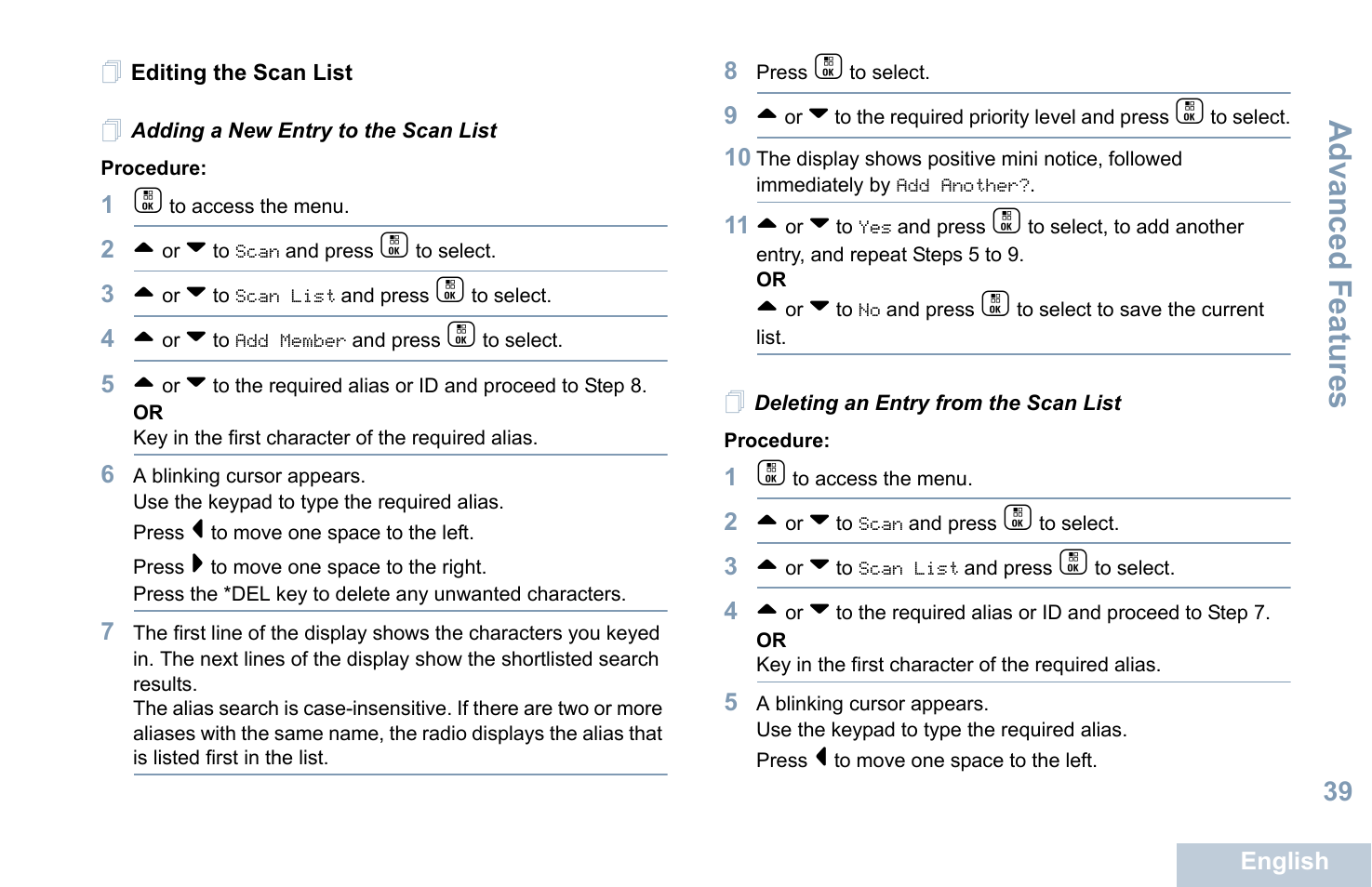 Editing the scan list, Adding a new entry to the scan list, Deleting an entry from the scan list | Advanced features | Motorola XPR 7550 User Manual | Page 51 / 120