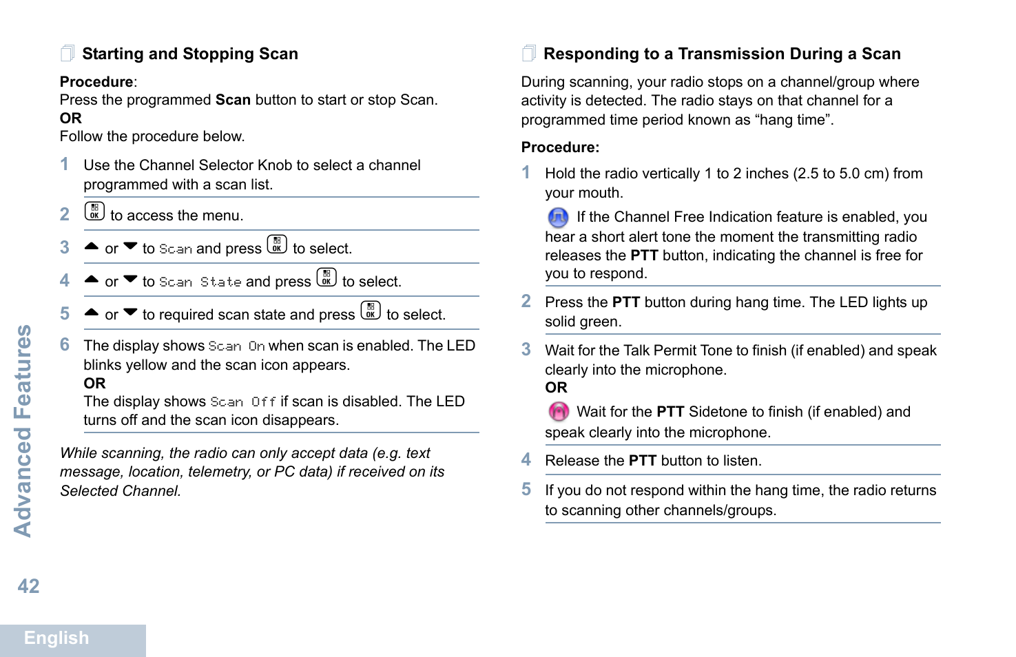 Starting and stopping scan, Responding to a transmission during a scan, Advanced features | Motorola XPR 7550 User Manual | Page 54 / 120