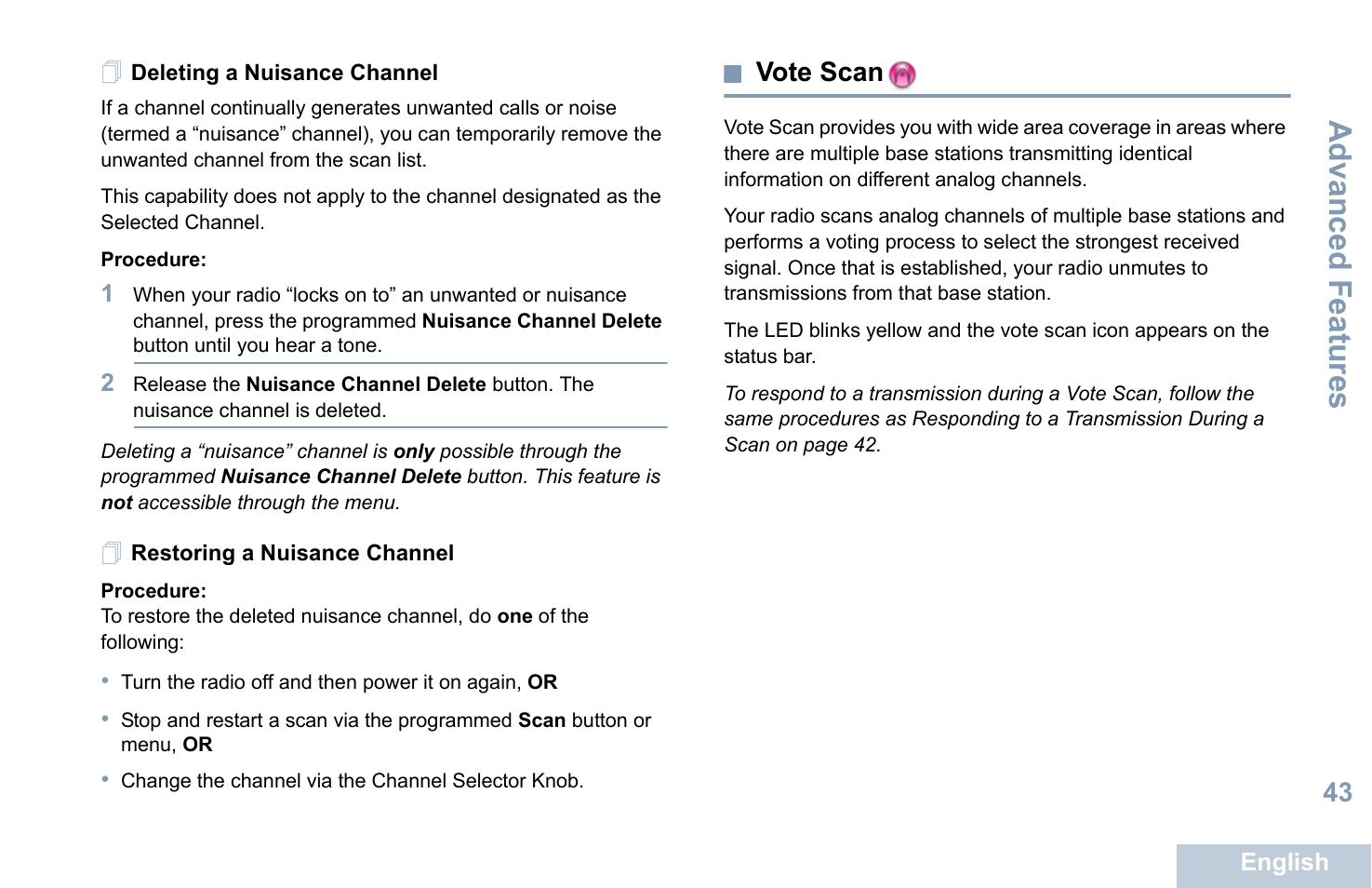 Deleting a nuisance channel, Restoring a nuisance channel, Vote scan | Advanced features | Motorola XPR 7550 User Manual | Page 55 / 120