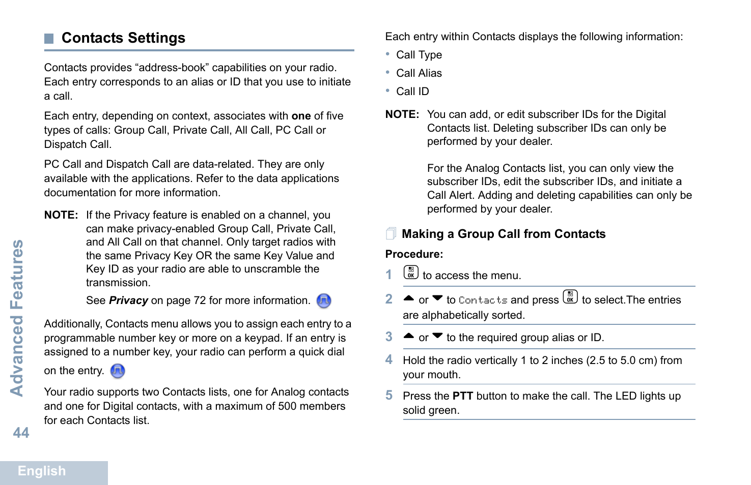 Contacts settings, Making a group call from contacts, See making a group call from contacts | Advanced features | Motorola XPR 7550 User Manual | Page 56 / 120