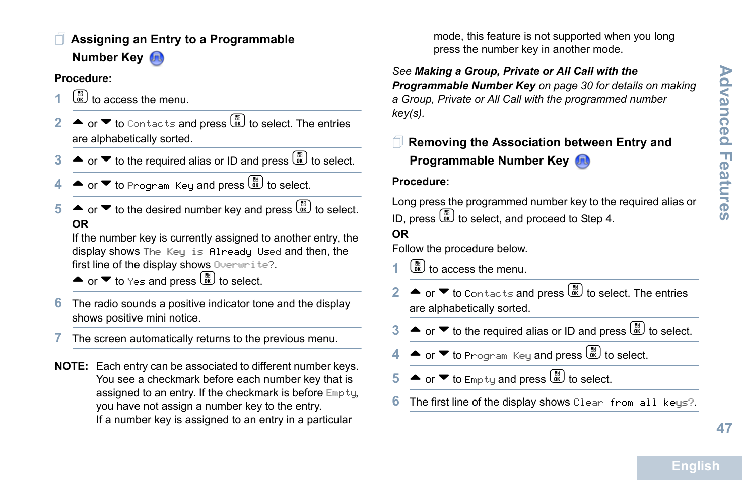 Assigning an entry to a programmable number key, Advanced features | Motorola XPR 7550 User Manual | Page 59 / 120