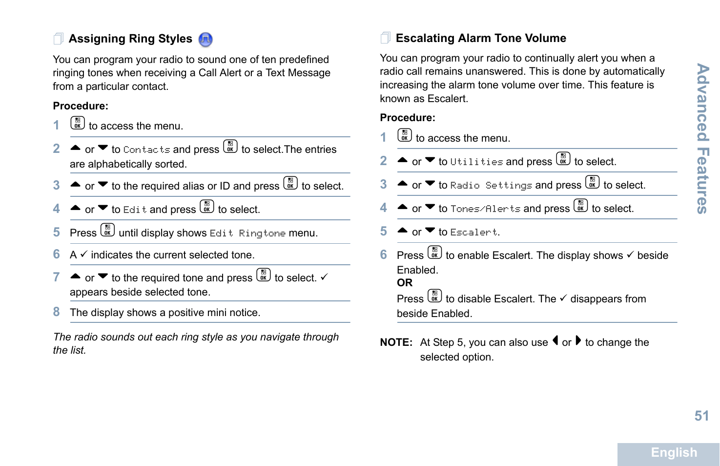 Assigning ring styles, Escalating alarm tone volume, Assigning ring styles escalating alarm tone volume | Advanced features | Motorola XPR 7550 User Manual | Page 63 / 120