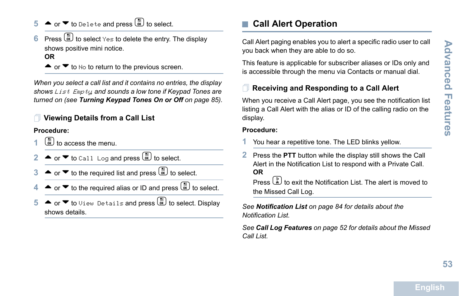 Viewing details from a call list, Call alert operation, Receiving and responding to a call alert | Advanced features | Motorola XPR 7550 User Manual | Page 65 / 120