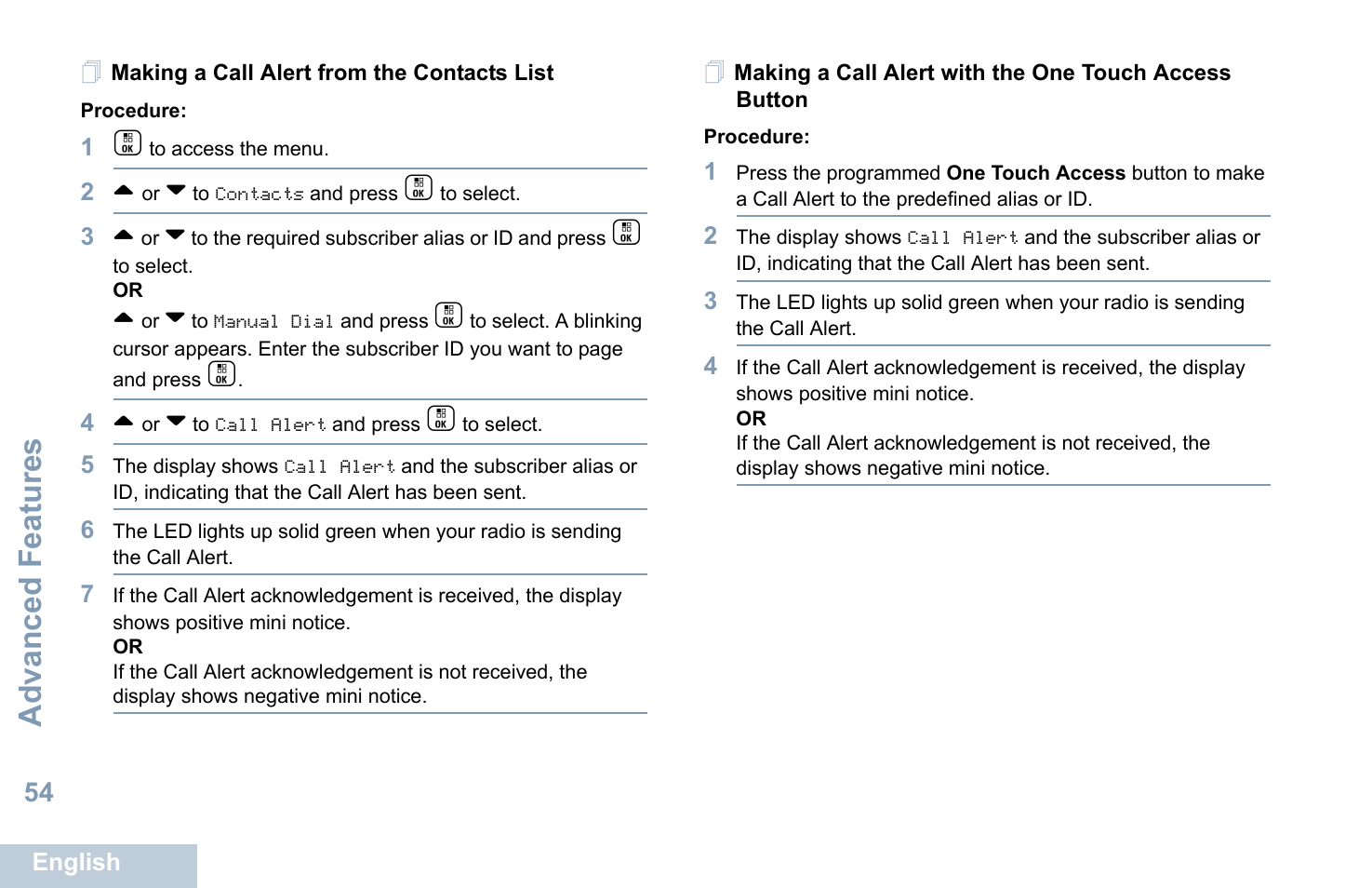 Making a call alert from the contacts list, Advanced features | Motorola XPR 7550 User Manual | Page 66 / 120