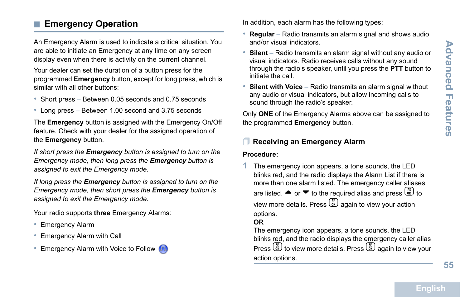 Emergency operation, Receiving an emergency alarm, Advanced features | 55 emergency operation | Motorola XPR 7550 User Manual | Page 67 / 120