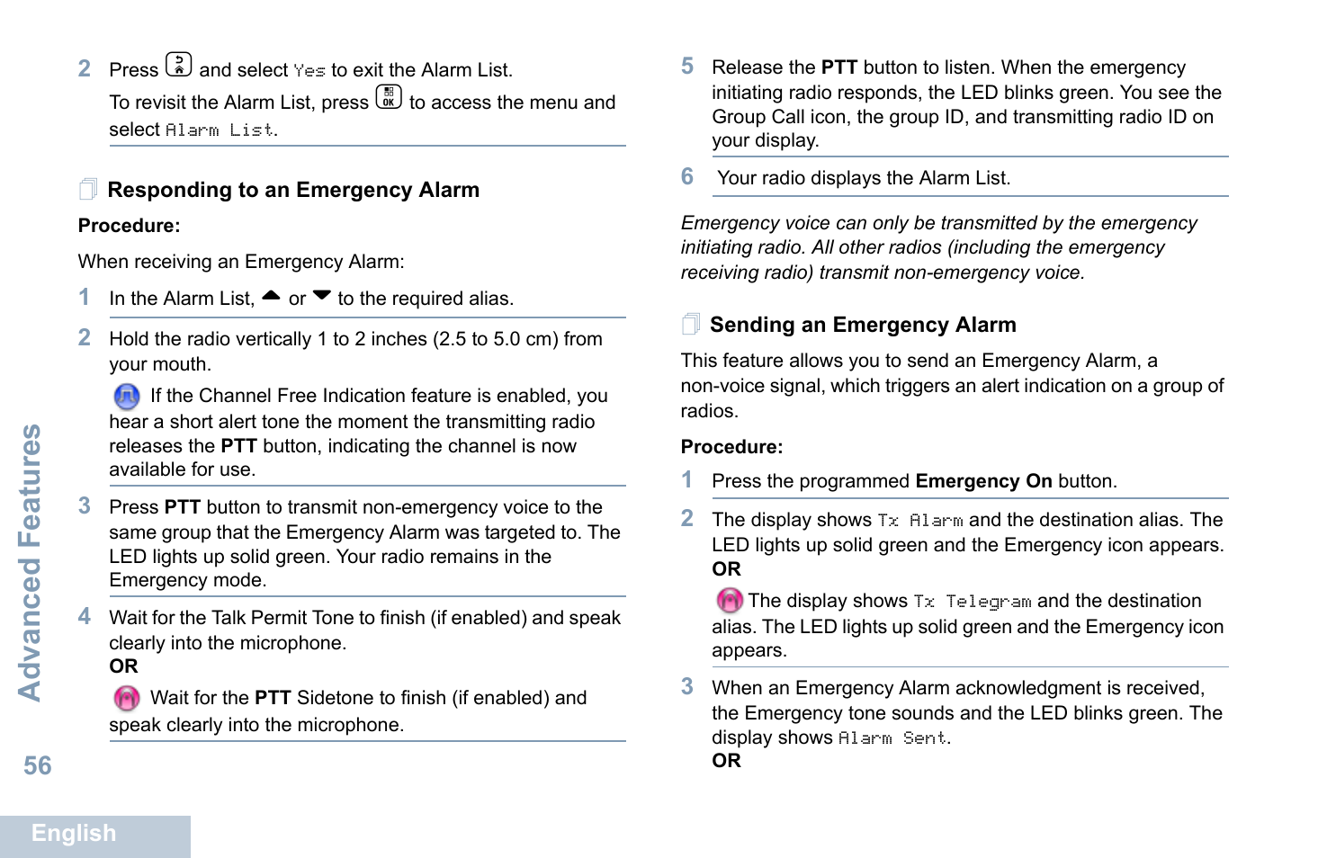 Responding to an emergency alarm, Sending an emergency alarm, Advanced features | Motorola XPR 7550 User Manual | Page 68 / 120