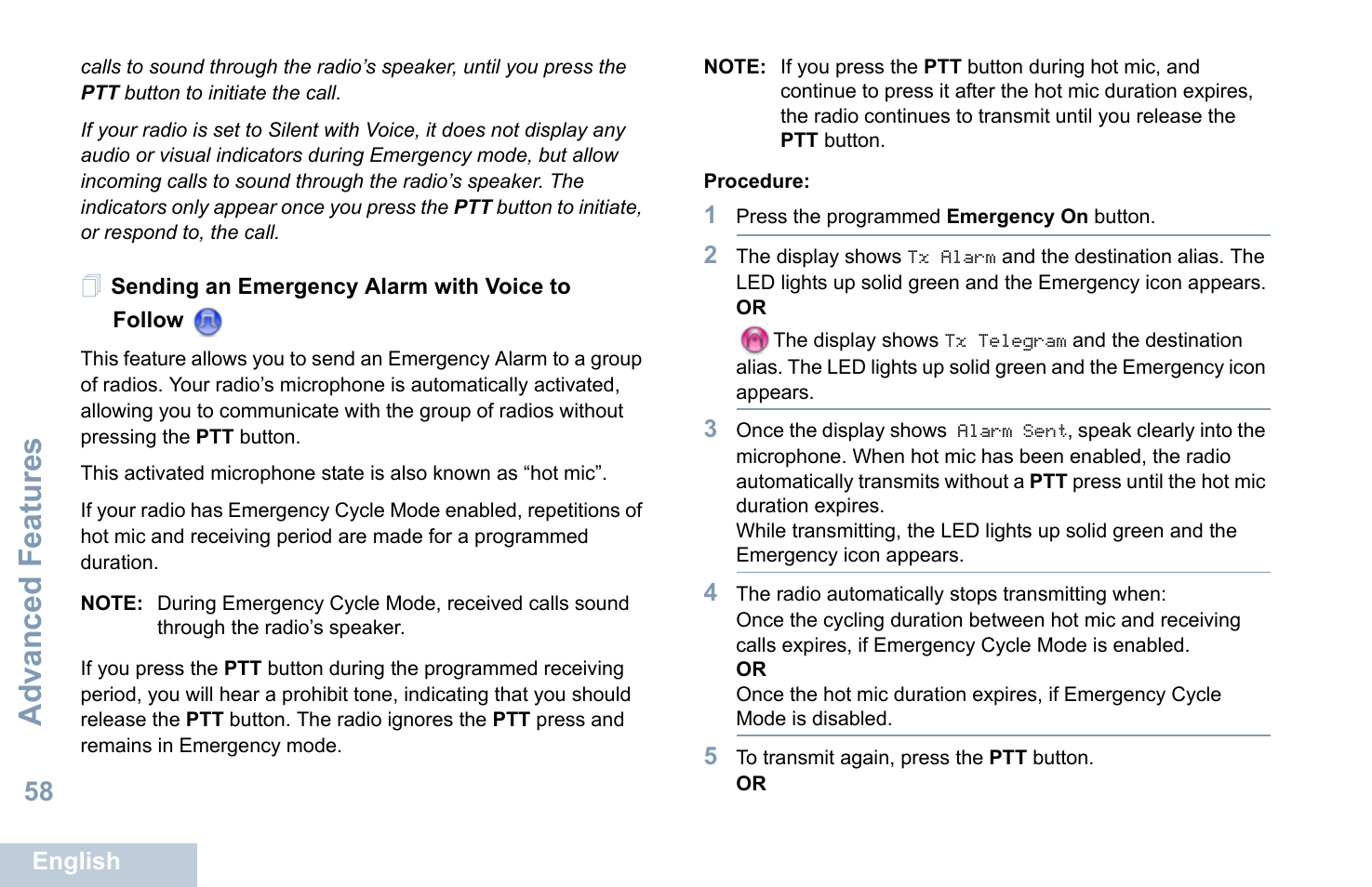 Sending an emergency alarm with voice to follow, Advanced features | Motorola XPR 7550 User Manual | Page 70 / 120
