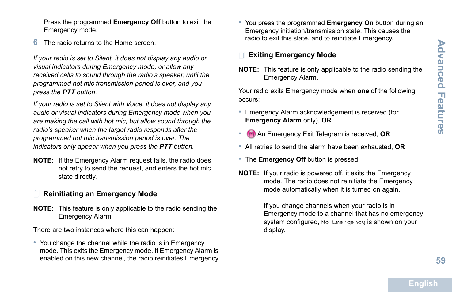 Reinitiating an emergency mode, Exiting emergency mode, Advanced features | Motorola XPR 7550 User Manual | Page 71 / 120