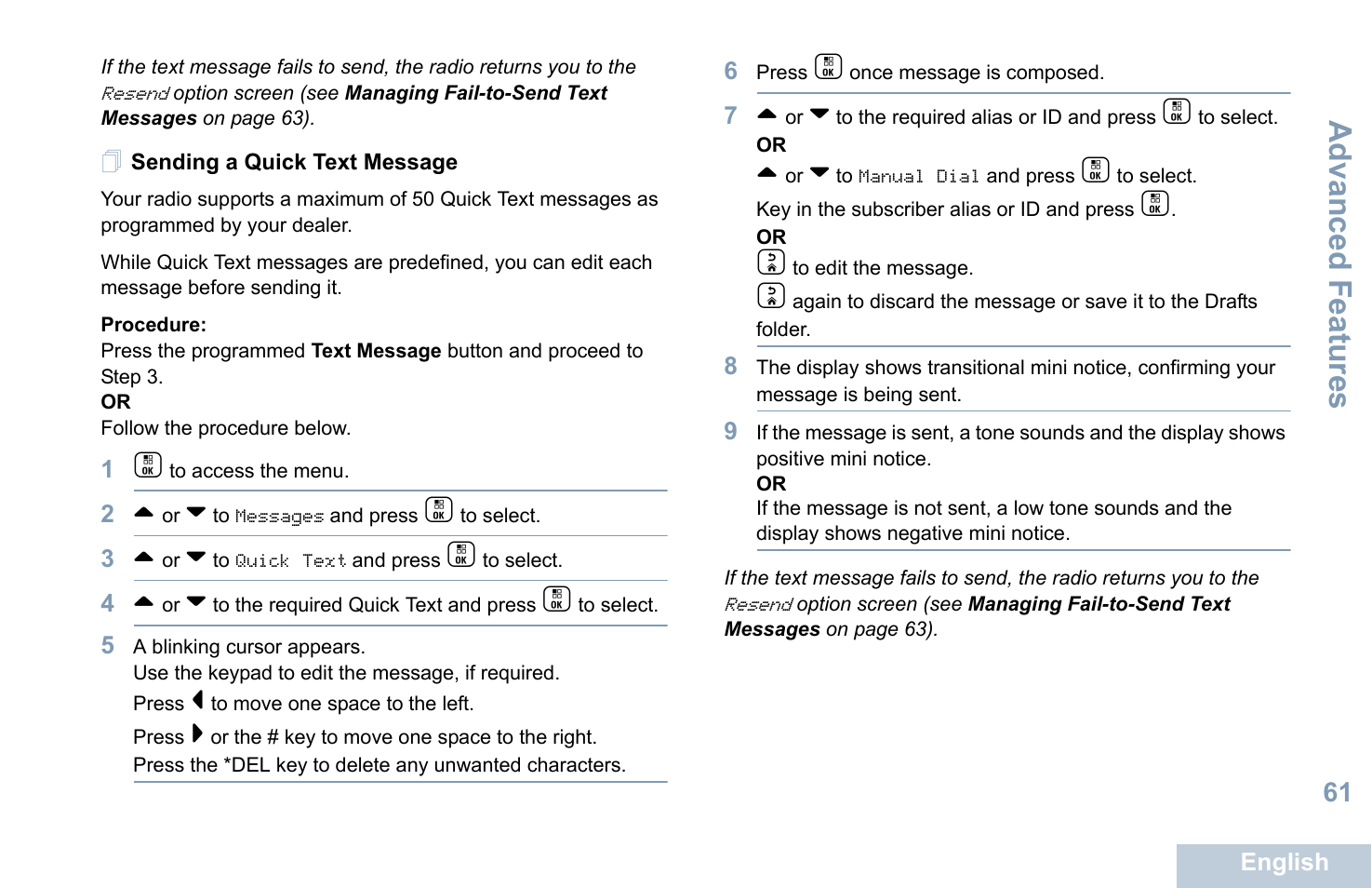 Sending a quick text message, Advanced features | Motorola XPR 7550 User Manual | Page 73 / 120