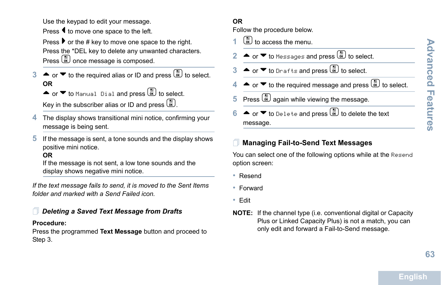 Deleting a saved text message from drafts, Managing fail-to-send text messages, Managing fail-to-send text | Messages on, Advanced features | Motorola XPR 7550 User Manual | Page 75 / 120