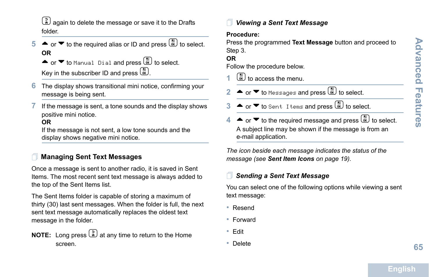 Managing sent text messages, Viewing a sent text message, Sending a sent text message | Advanced features | Motorola XPR 7550 User Manual | Page 77 / 120