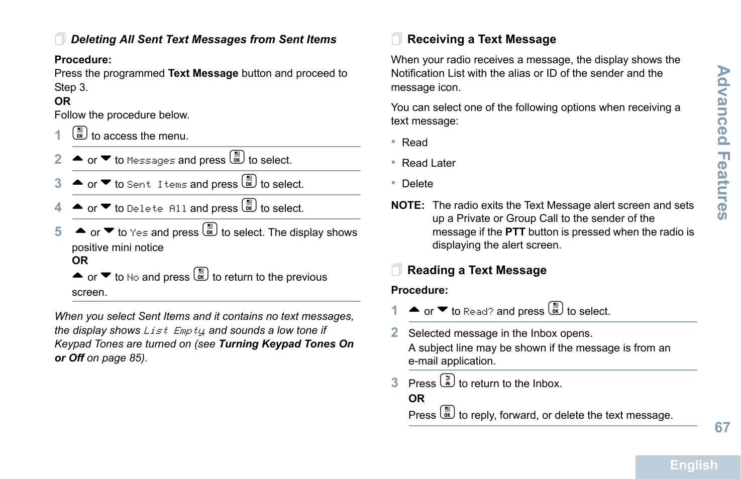 Deleting all sent text messages from sent items, Receiving a text message, Reading a text message | Receiving a text message reading a text message, Advanced features | Motorola XPR 7550 User Manual | Page 79 / 120