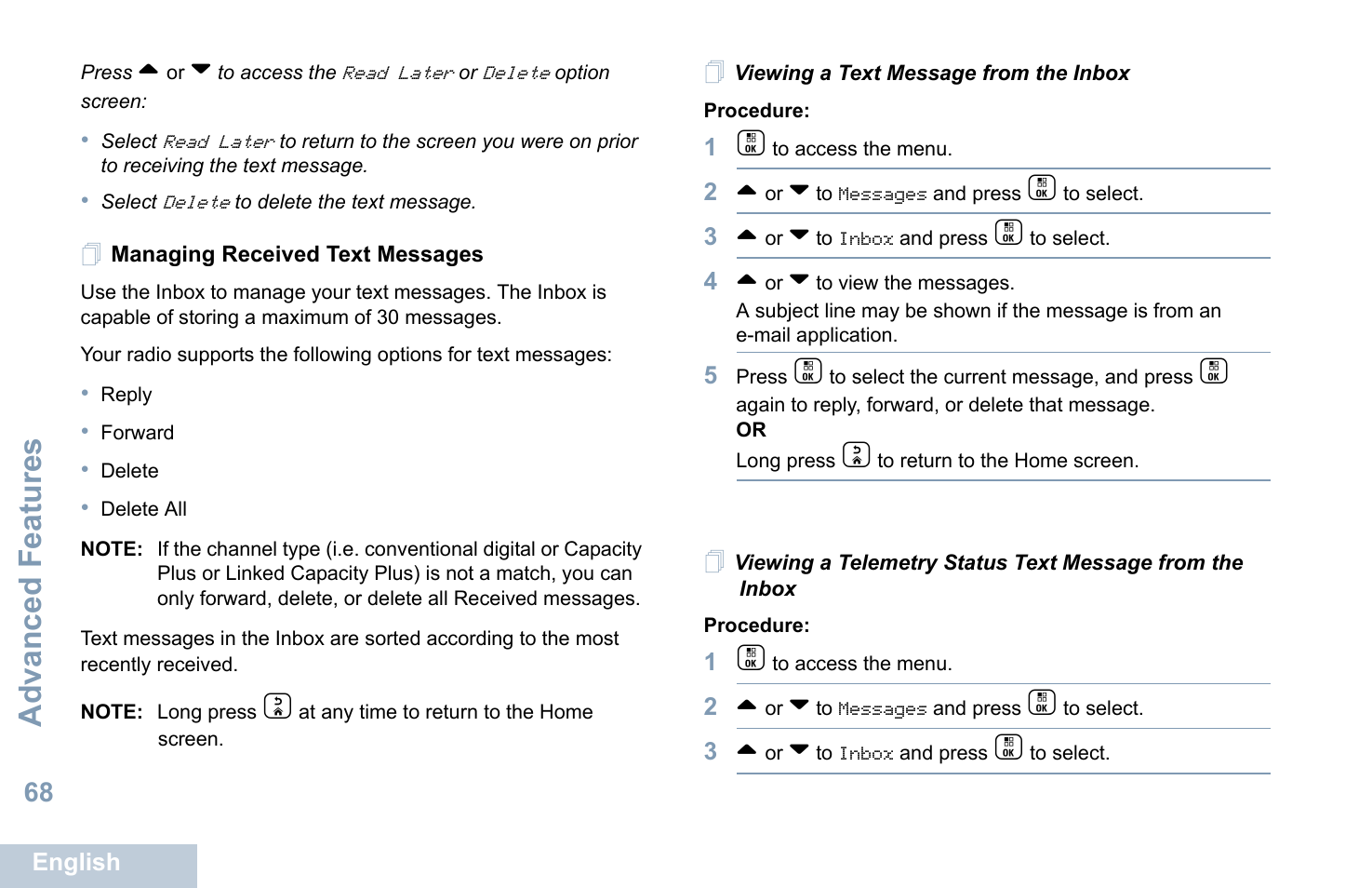 Managing received text messages, Viewing a text message from the inbox, Advanced features | Motorola XPR 7550 User Manual | Page 80 / 120