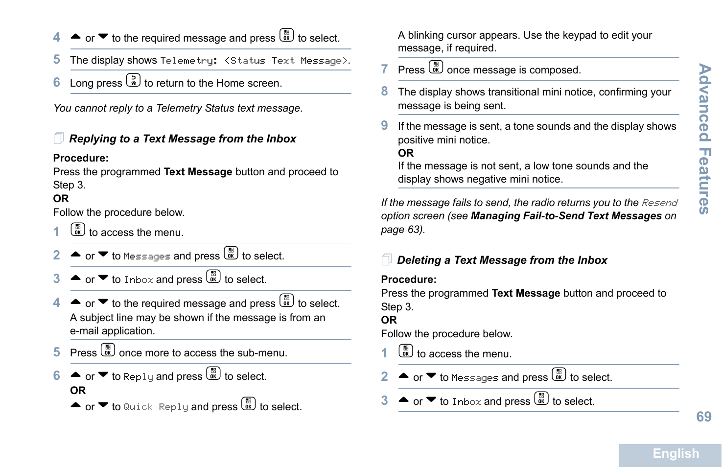 Replying to a text message from the inbox, Deleting a text message from the inbox, Advanced features | Motorola XPR 7550 User Manual | Page 81 / 120