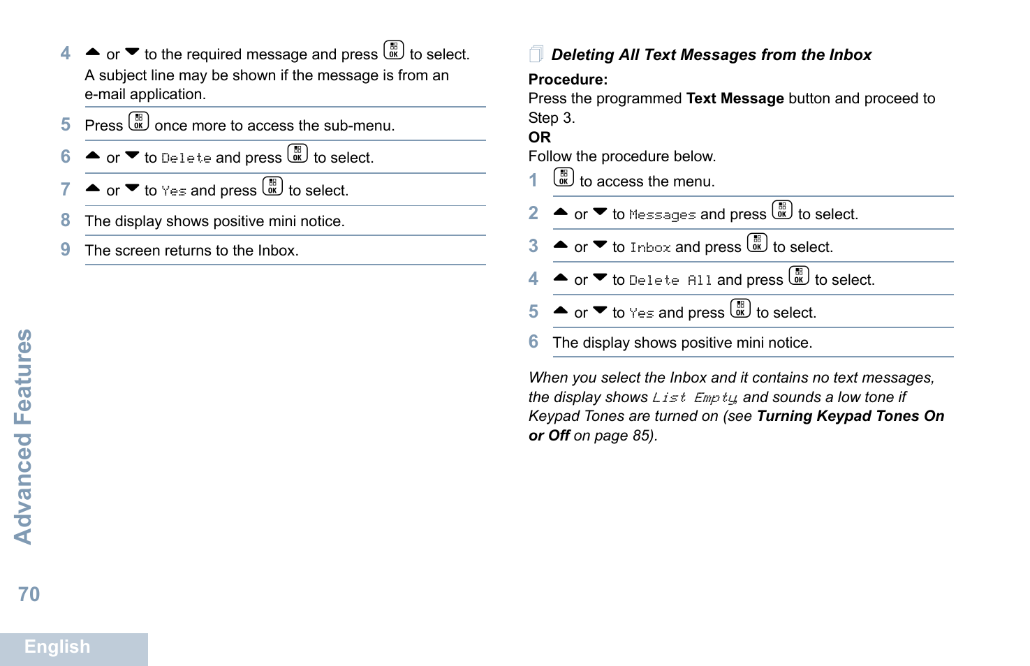Deleting all text messages from the inbox, Advanced features | Motorola XPR 7550 User Manual | Page 82 / 120