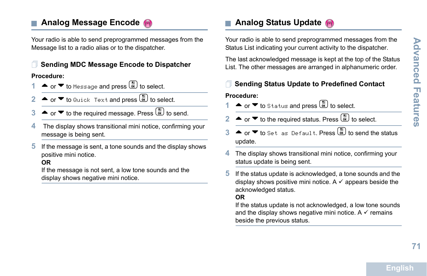 Analog message encode, Sending mdc message encode to dispatcher, Analog status update | Sending status update to predefined contact, Advanced features | Motorola XPR 7550 User Manual | Page 83 / 120