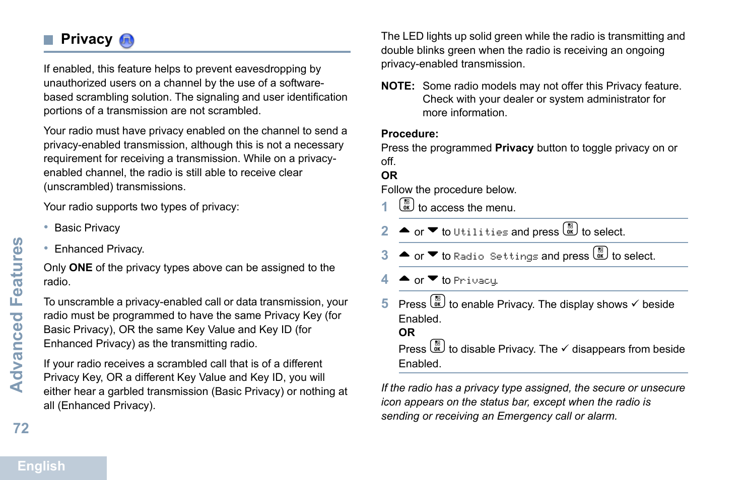 Privacy, Advanced features | Motorola XPR 7550 User Manual | Page 84 / 120