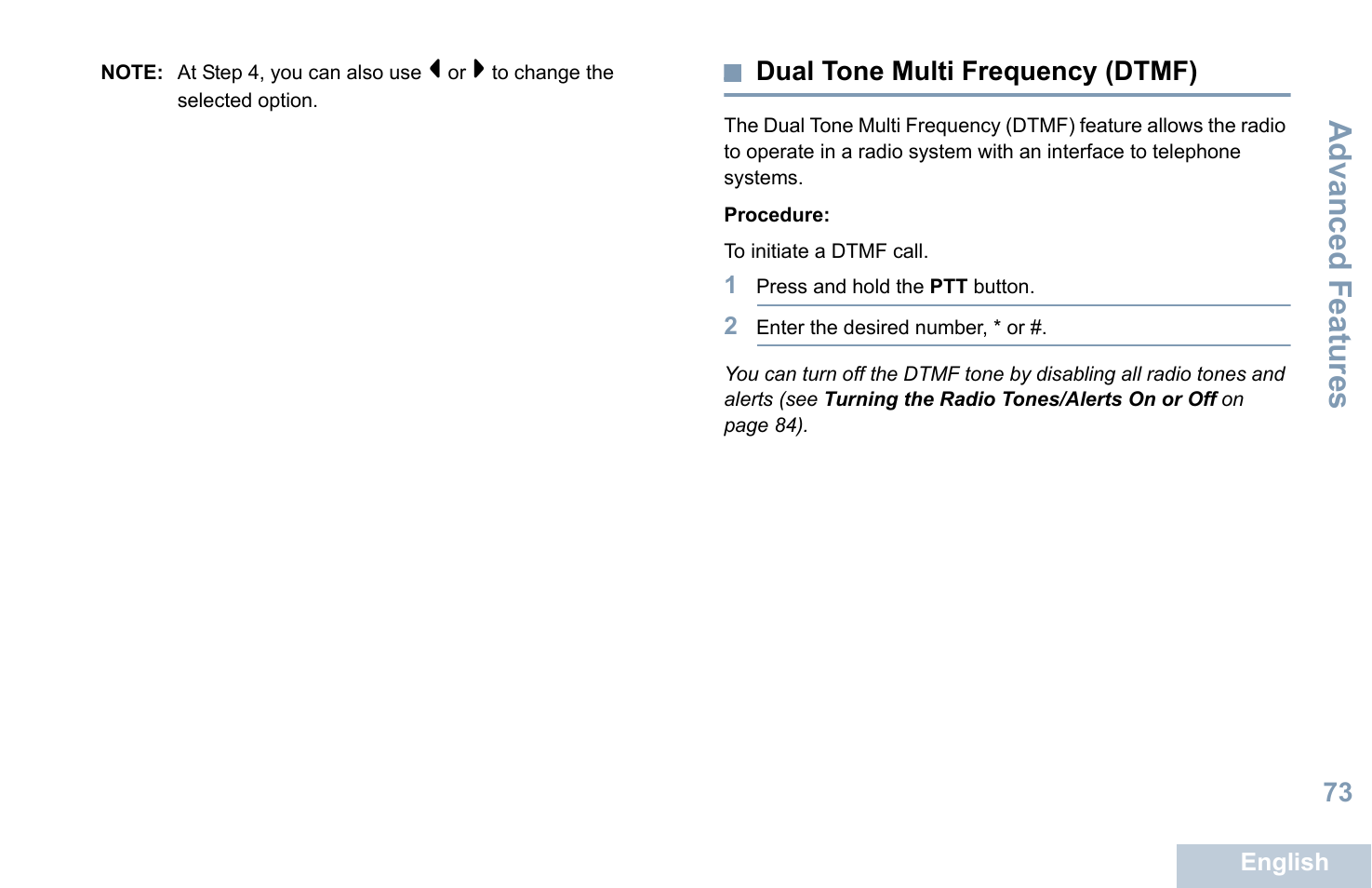 Dual tone multi frequency (dtmf), Advanced features | Motorola XPR 7550 User Manual | Page 85 / 120