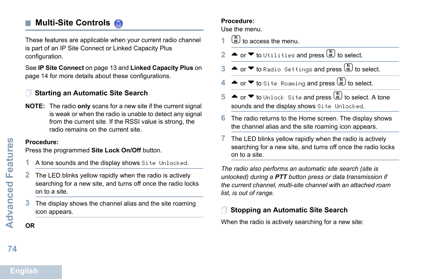 Multi-site controls, Starting an automatic site search, Stopping an automatic site search | Advanced features | Motorola XPR 7550 User Manual | Page 86 / 120