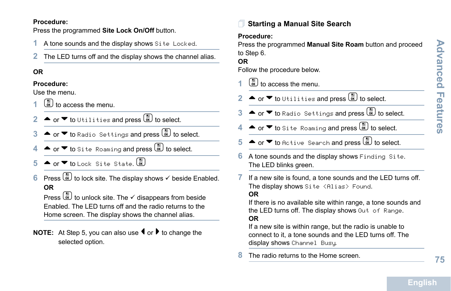 Starting a manual site search, Advanced features | Motorola XPR 7550 User Manual | Page 87 / 120