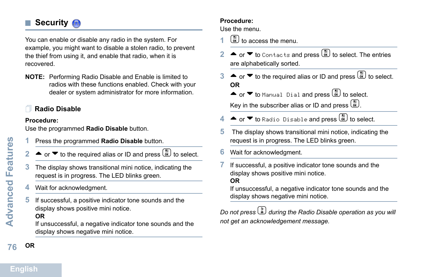 Security, Radio disable, Advanced features | Motorola XPR 7550 User Manual | Page 88 / 120