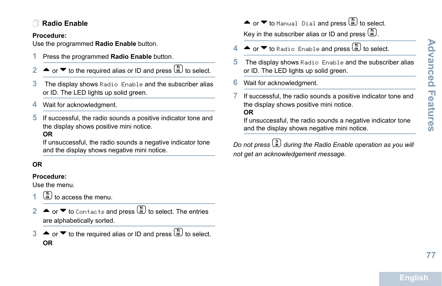 Radio enable, Advanced features | Motorola XPR 7550 User Manual | Page 89 / 120