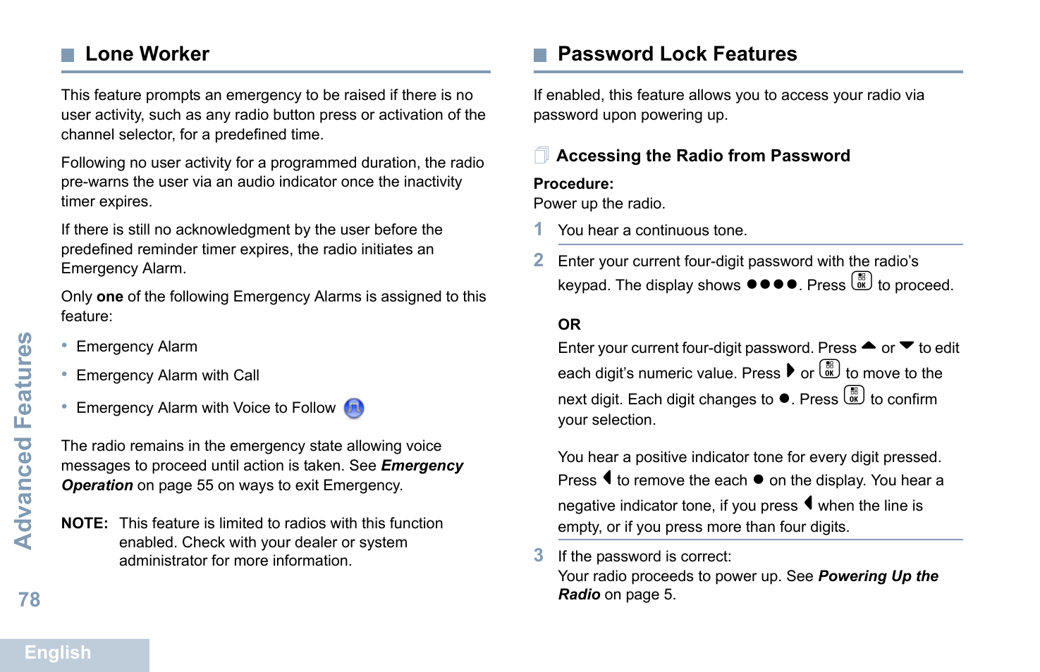 Lone worker, Password lock features, Accessing the radio from password | Lone worker password lock features, Advanced features | Motorola XPR 7550 User Manual | Page 90 / 120