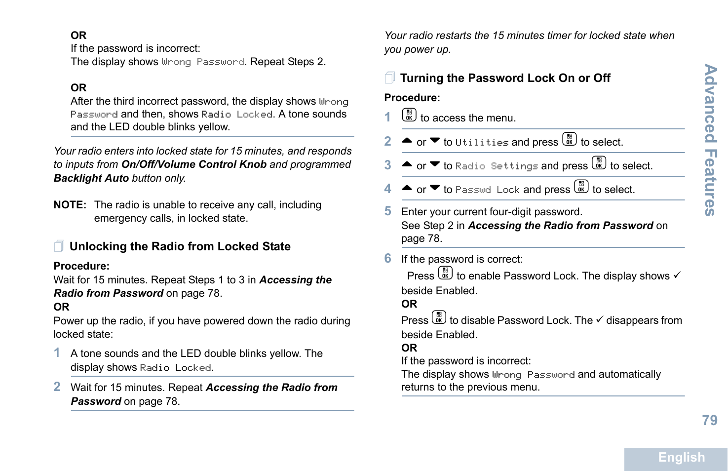 Unlocking the radio from locked state, Turning the password lock on or off, Advanced features | Motorola XPR 7550 User Manual | Page 91 / 120