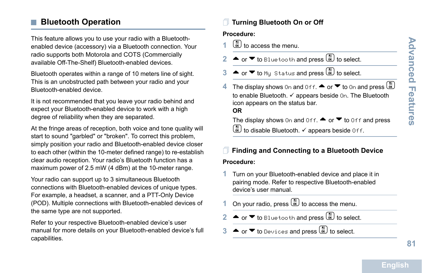Bluetooth operation, Finding and connecting to a bluetooth device, Advanced features | Motorola XPR 7550 User Manual | Page 93 / 120
