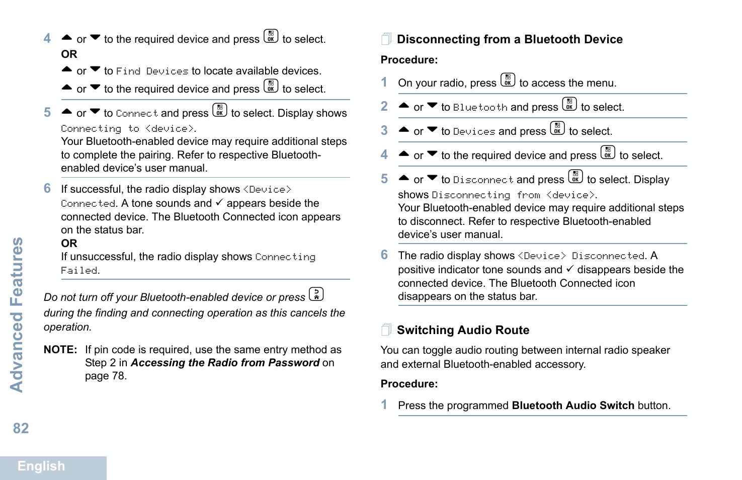 Disconnecting from a bluetooth device, Switching audio route, Advanced features | Motorola XPR 7550 User Manual | Page 94 / 120