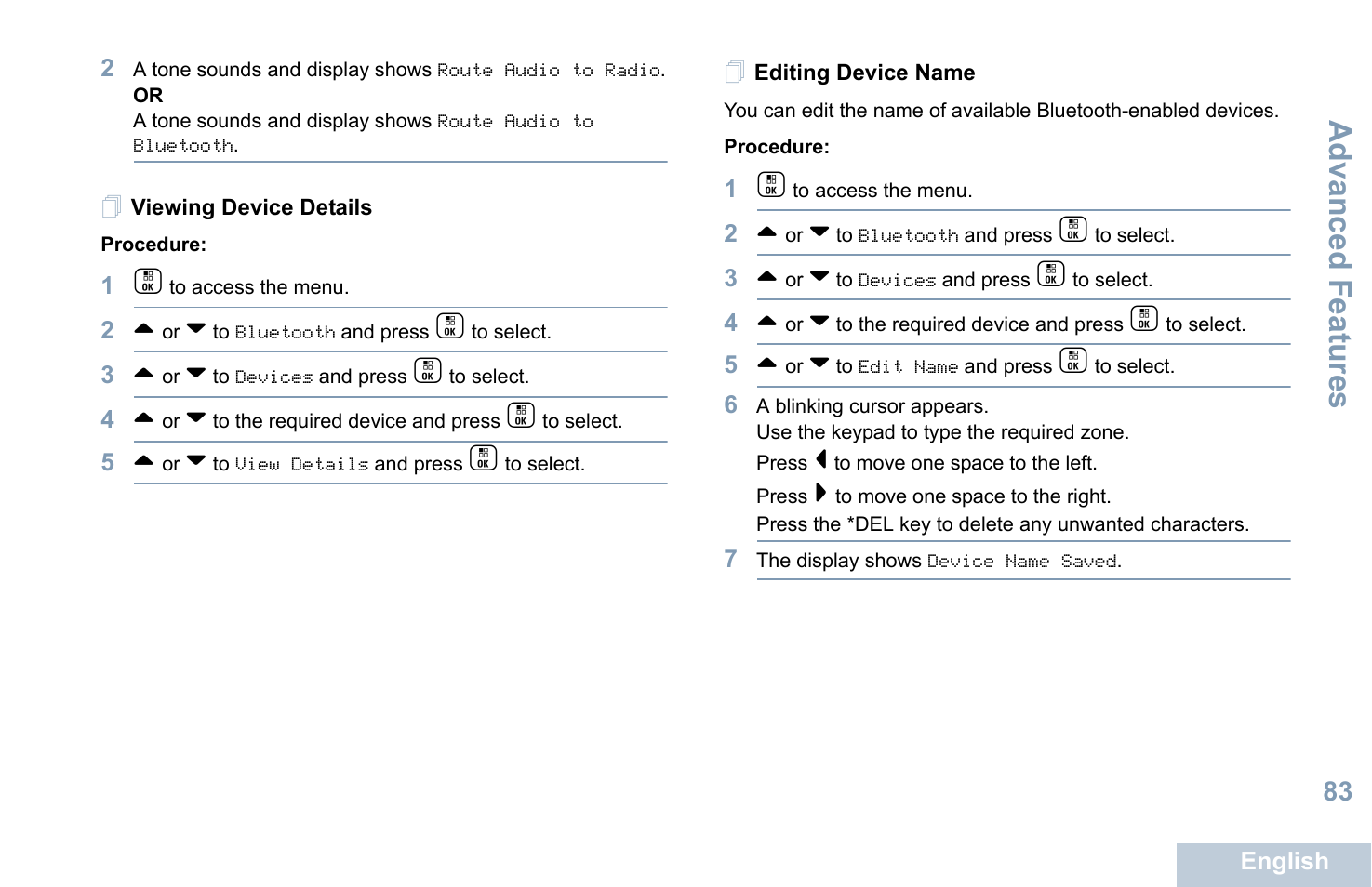Viewing device details, Editing device name, Viewing device details editing device name | Advanced features | Motorola XPR 7550 User Manual | Page 95 / 120