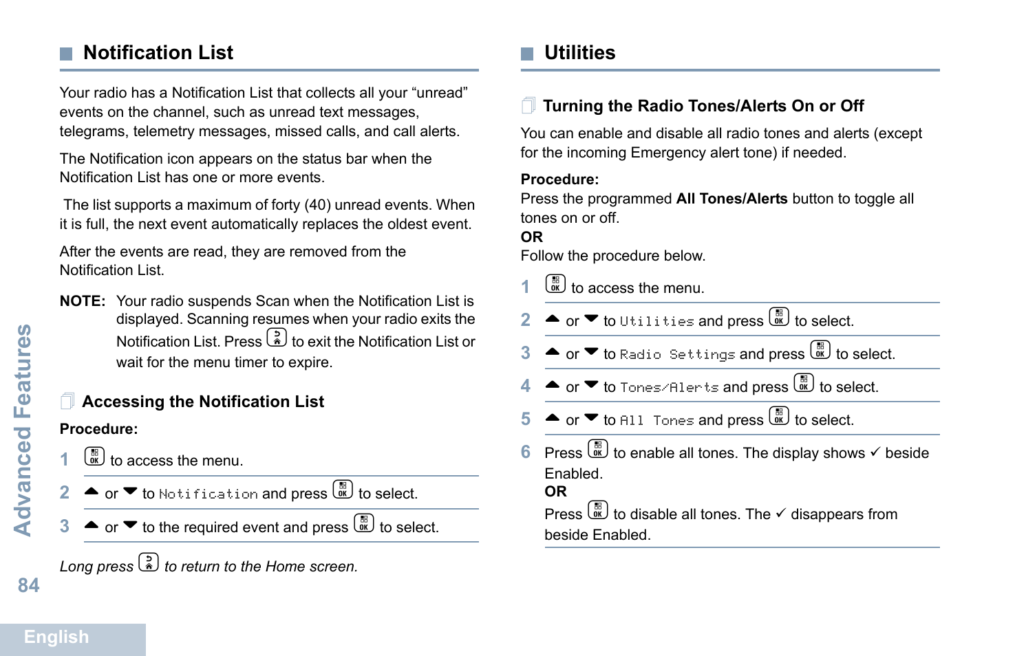 Notification list, Accessing the notification list, Utilities | Turning the radio tones/alerts on or off, Advanced features | Motorola XPR 7550 User Manual | Page 96 / 120