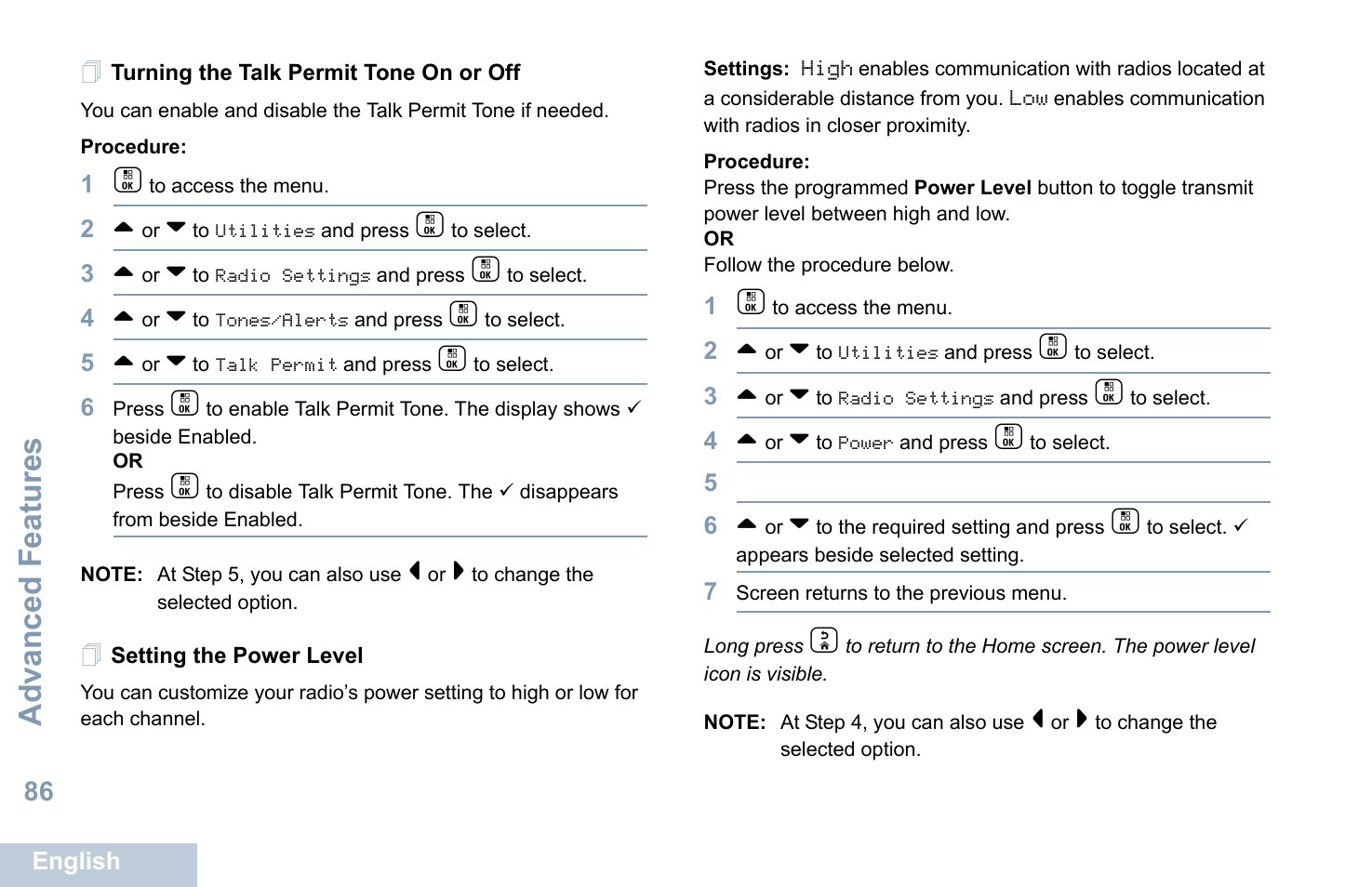 Turning the talk permit tone on or off, Setting the power level, Advanced features | Motorola XPR 7550 User Manual | Page 98 / 120