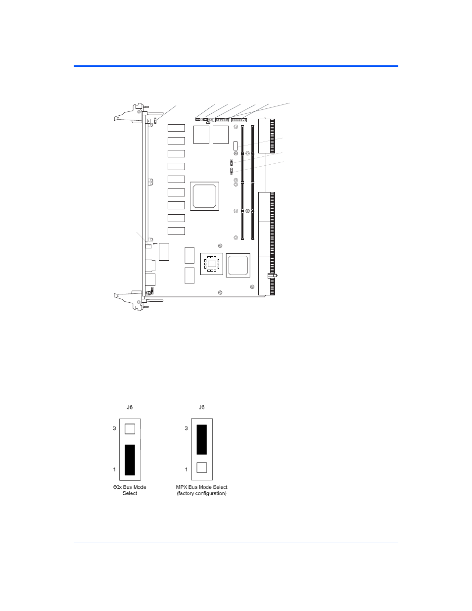 3 j6, bus mode selection, J6, bus mode selection, Figure 2-3 | Switch and jumper locations, Figure 2-4, Jumper setting for j6 | Motorola CPCI-6115 User Manual | Page 40 / 138