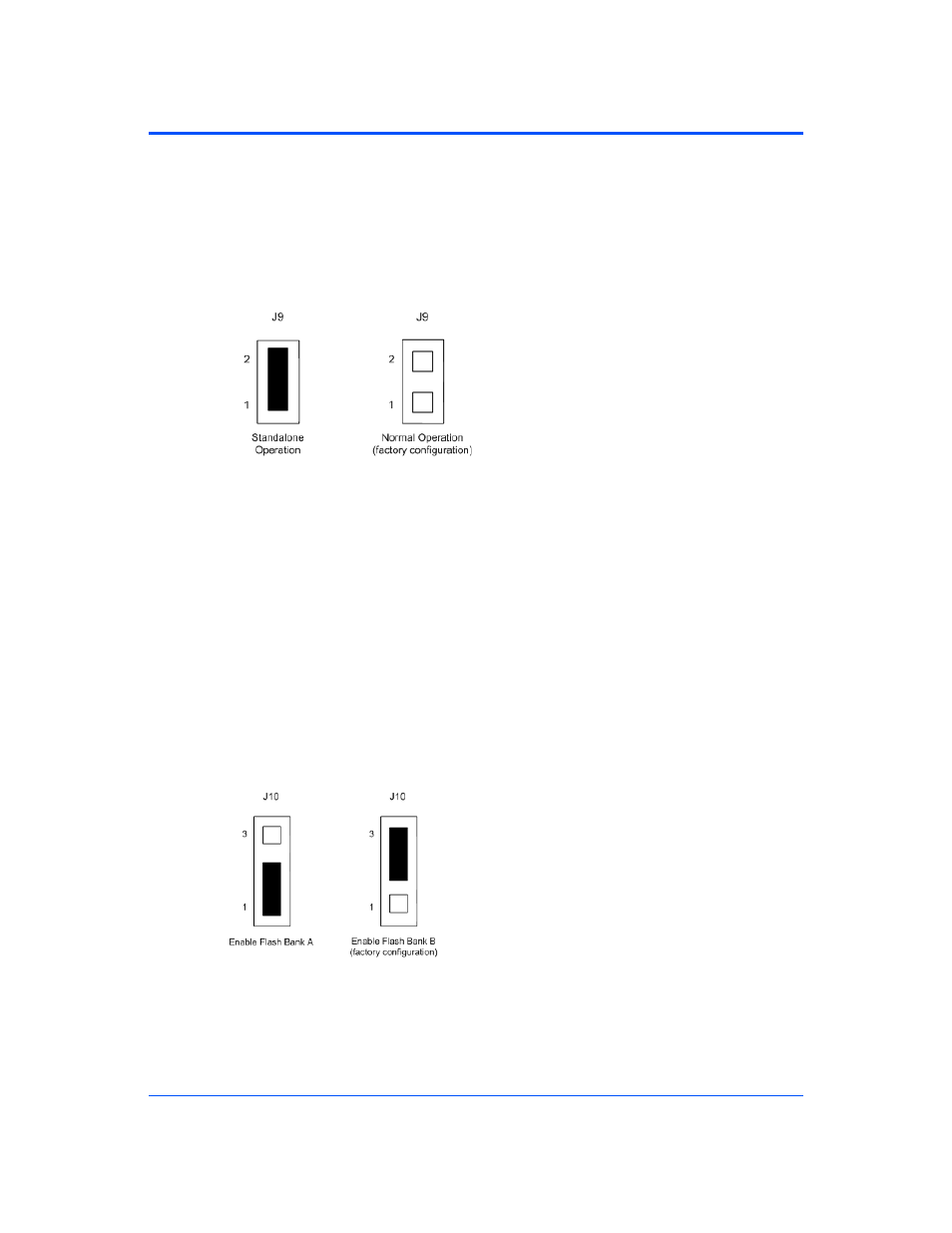 4 j9, standalone operating mode, 5 j10, flash bank selection, J9, standalone operating mode | J10, flash bank selection, Figure 2-5, Jumper settings for j9, Figure 2-6, Jumper settings for j10 | Motorola CPCI-6115 User Manual | Page 41 / 138